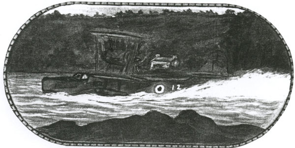 Painting of a sea plane by Arla George which has been reproduced into a book image